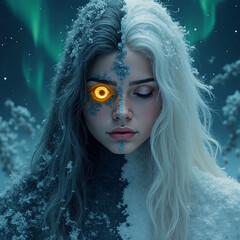 Norse seeress split face: one side glowing with runes and third eye, other decayed by frost and time. Abstract cosmic prophecy background.