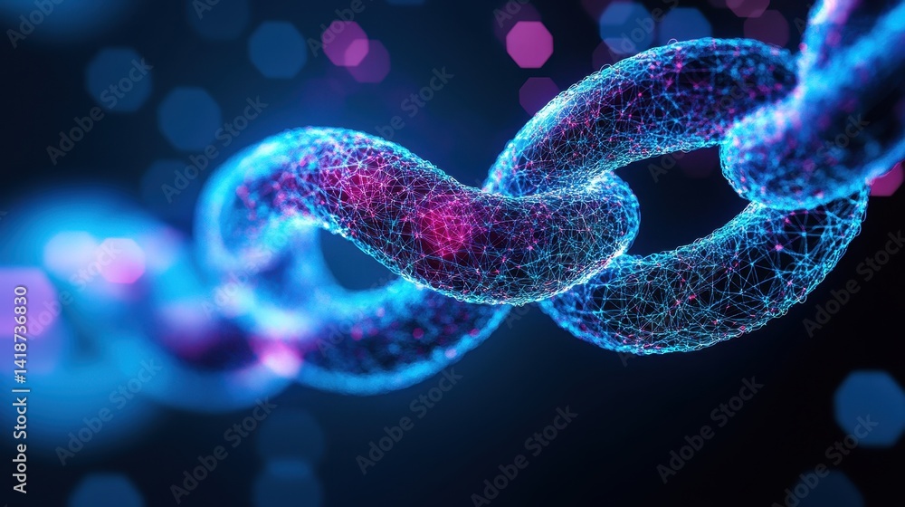 Poster abstract polygonal chain links with digital nodes on a dark blue background. use this image to symbo