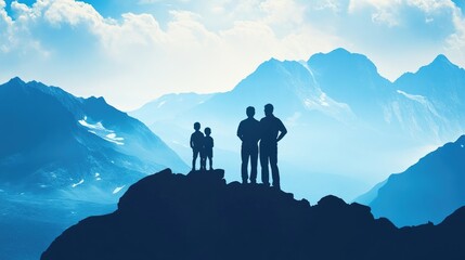 Happy Father's Day with silhouette son and father at mountain peaks in blue tone