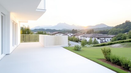 Fototapeta premium Modern patio with sleek white flooring overlooking scenic countryside, contemporary architecture with clean lines, and serene outdoor living space.