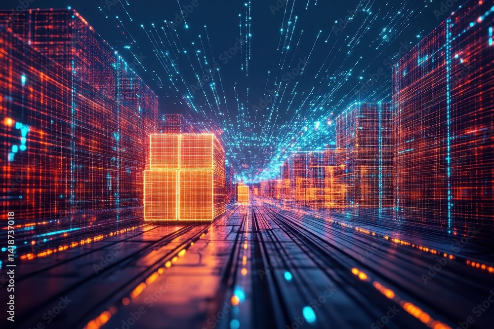 Poster futuristic city grid with data streams in orange and blue light. ideal for illustrating concepts lik