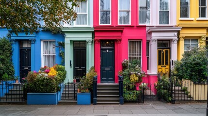 A beautiful Victorian terrace house in London with colorful facades, wrought iron railings, and a cozy atmosphere.