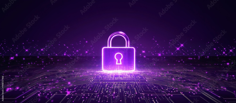 Poster futuristic data protection padlock with glowing circuits and particle effects
