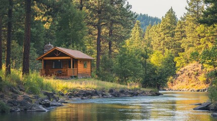 Obraz premium Secluded wooden cabin nestled amid towering pines along a flowing riverbank