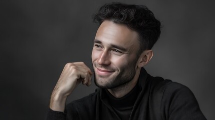 Black and white angled portrait of a clean-shaven man with clear skin, happy mood, dark background with studio lighting, space for overlay text, Ultra-Realistic, Photo Realistic, highly detailed, 