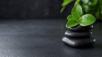 Zen stones and fresh leaves on dark surface