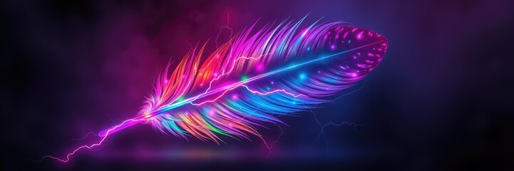 Feather on black background, neon light feather wallpaper, feather background