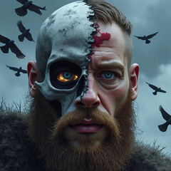 Viking warlord face cleaved: half skull with ravens, half youthful with Odin’s light. Runic storm of war and memory in background.