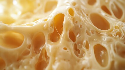Close-up shot of swiss cheese texture, with many holes and yellow light. It can be used for food or cooking related design content.