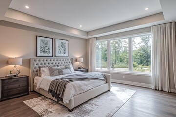 A luxurious bedroom showcases neutral tones and natural light