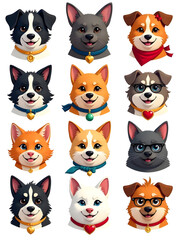 Fototapeta premium Charming cartoon dog portraits, showcasing diverse breeds and adorable expressions in a playful arrangement.