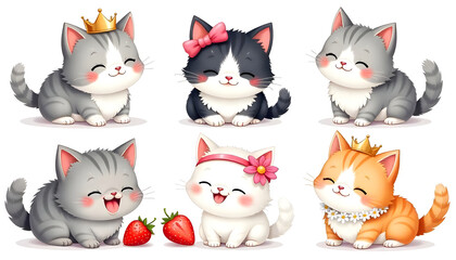 Fototapeta premium Six cute cartoon kittens in a charming illustration with different accessories, posing happily.