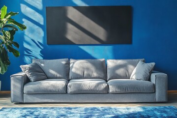 Modern living room features gray sofa blue wall and plant
