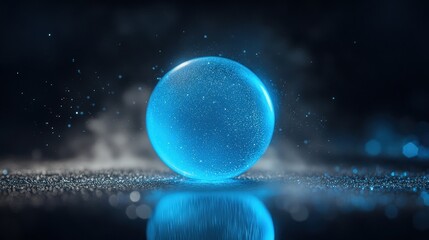 A bright blue sphere glowing with light on a dark, misty background. It reflects softly, creating a calming visual effect.
