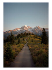 A winding dirt path ascends towards majestic mountains under a brilliant, clear blue sky.