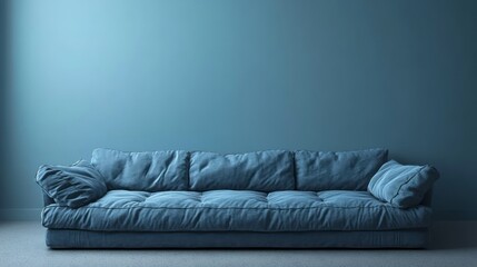 Simple blue sofa against a matching wall in a room
