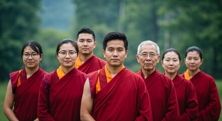 Group of Buddhist monks standing together in nature during daytime  