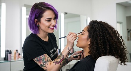 Makeup artist applying cosmetics on woman in beauty salon  