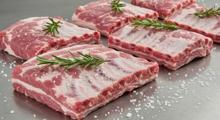Fototapeta premium Hygienic display of raw pork ribs with fresh rosemary and coarse salt