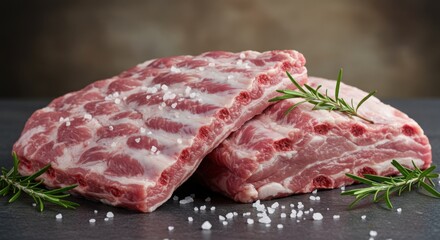 Fototapeta premium Hygienic display of raw pork ribs with fresh rosemary and coarse salt
