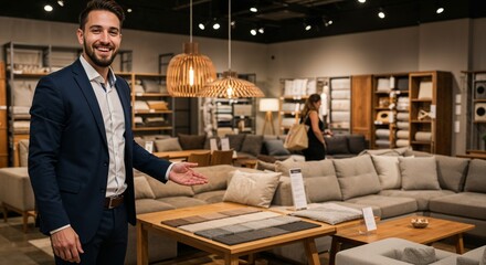 Salesman demonstrating furniture layout in stylish home decor store  