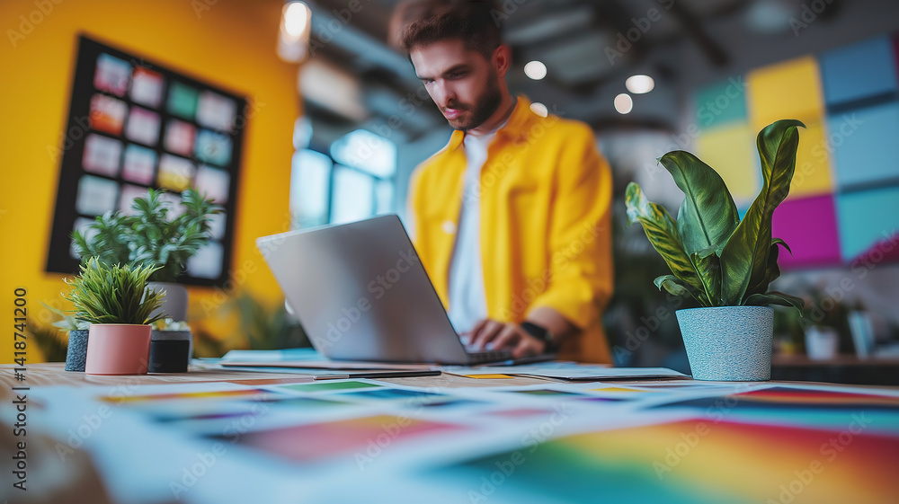 Poster manager comparing color palettes on laptop while working with graphic design materials on table