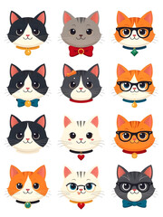 Fototapeta premium Charming cartoon cat faces with varied expressions, accessories, and eyewear, perfect for playful designs.