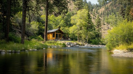 Obraz premium Idyllic wooden cabin nestled amidst verdant trees beside a serene flowing river