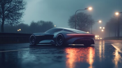 Futuristic car in a rainy urban setting, glowing in the night. Sleek design shines amid city lights and wet roads.