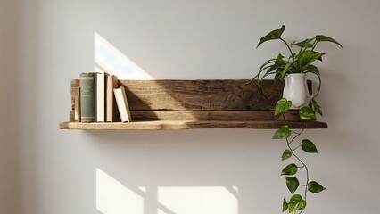 Rustic wooden shelf with books and plant