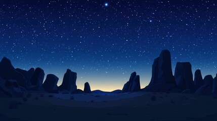 Fototapeta premium Starry night sky over dark desert, rocky landscape.
