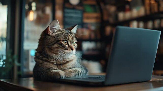 An unflappable cat sits at a laptop and looks at the screen, a funny scene