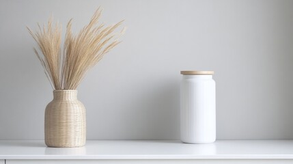 Neutral, minimalist home decor with a vase and container