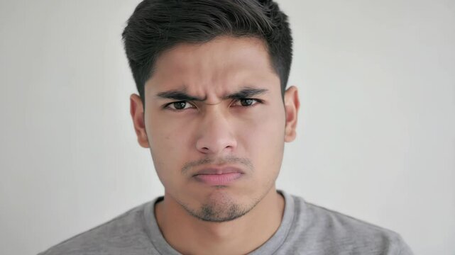 Close-up of a young man with furrowed brows, looking concerned and confused in a plain setting with a gray shirt and serious expression.