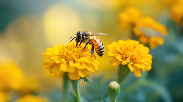 A bee collecting nectar from a cluster of bright yellow marigolds.