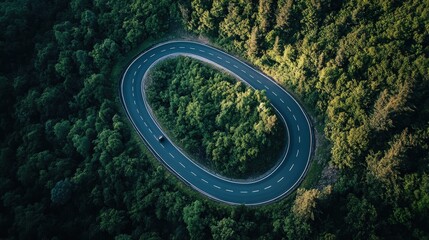 A birds-eye perspective of a winding mountain road with a single car making a sharp turn