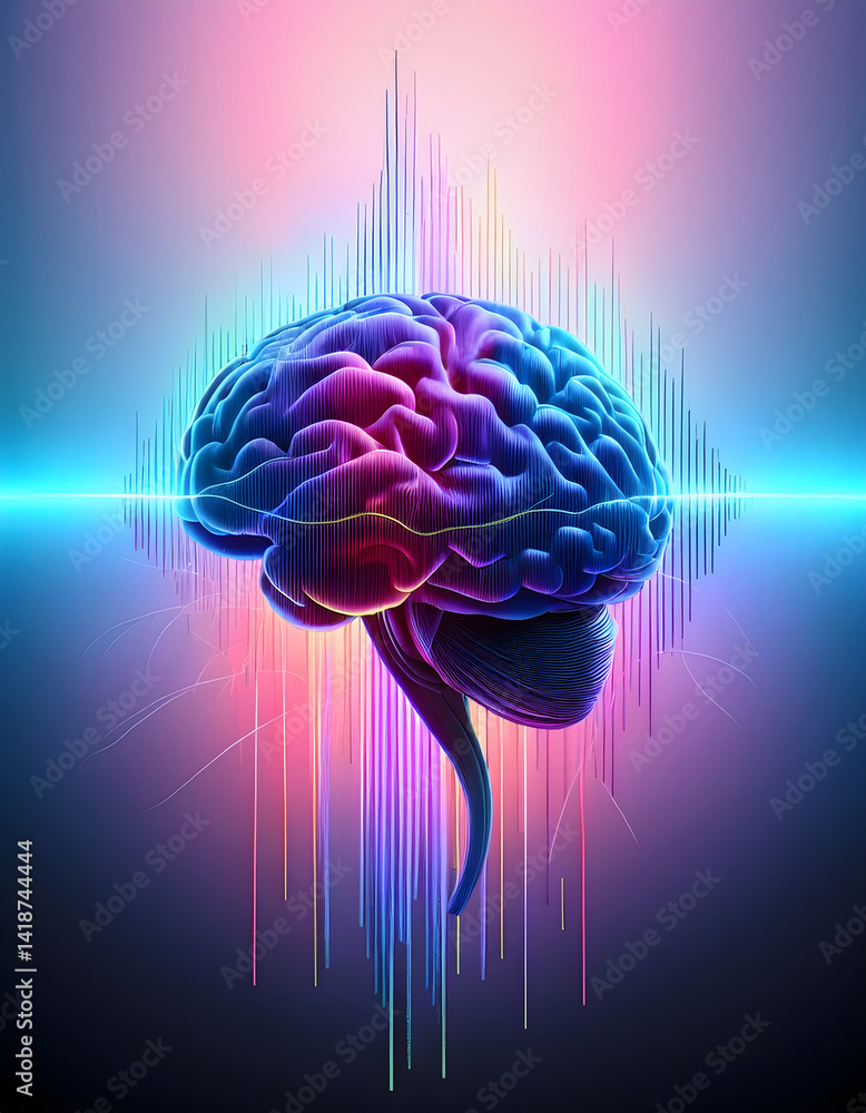 Poster vibrant illustration of a brain with soundwave patterns