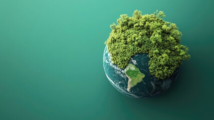 Planet Earth on a green background. Green continents made from the crown of a tree. Clear azure water. Ecological concept of the survival of the planet.