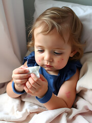 A sick child with skin rashes applies cream from itchy spots on her skin in bed. Allergic reaction, Drug allergy, Scarlet fever, Atopic dermatitis, Diaper rash, Urticaria, Scabies. Part of a series
