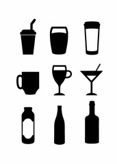 Minimalist Beverage Icon Set . Black and White Line Art Drink Symbols for Cafe, Bar, and Menu Design
