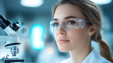 Female scientist analyzing samples in a laboratory microscope use modern science environment close-up perspective