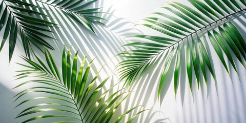Minimalist Tropical Aesthetic with Palm Leaves Casting Shadows on White Background for Serenity and Calmness