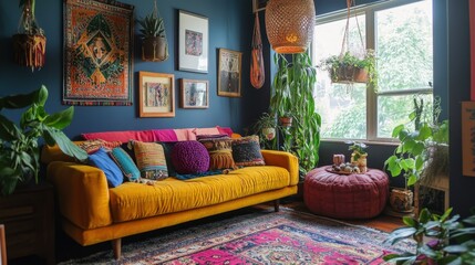 A bohemian-style home filled with vibrant colors, eclectic furniture, hanging plants, and artistic decor.