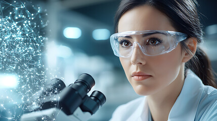 Innovative research by european female scientist in futuristic laboratory exploring cutting-edge discoveries in technology and science