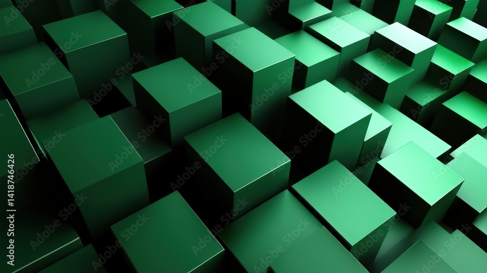 Poster a bold green geometric background with a 3d cube pattern, creating depth and perspective
