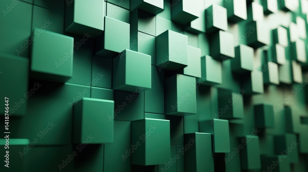 Poster a bold green geometric background with a 3d cube pattern, creating depth and perspective