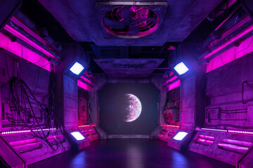 The interior of a spaceship with a large porthole and a view of the planet. There is an open space outside the window. There are power cables and neon lights sticking out of the ship hull.