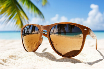 Close-up of mirrored shades showing tropical view, grinning face slightly blurred in foreground