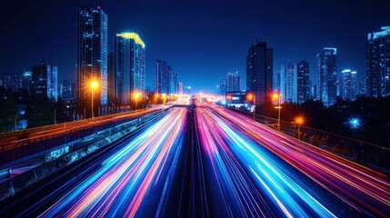 Fototapeta premium Vibrant Cityscape at Night: A Symphony of Lights and Speed