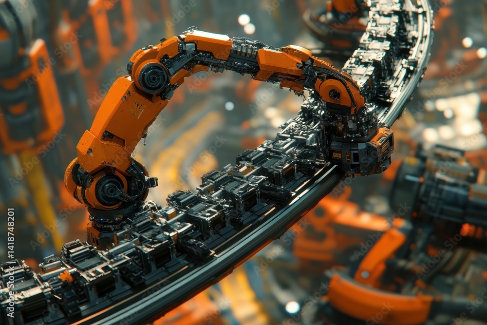 Poster orange robotic arm is working on a complex, futuristic assembly line. use to represent technology, m